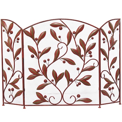 Metal Scroll Foldable Mesh Netting 3 Panel Fireplace Screen with Leaf and Vine Relief - Black or Red - Roche River Decor