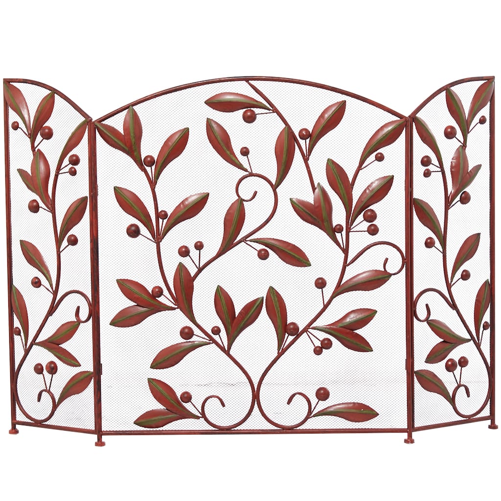 Metal Scroll Foldable Mesh Netting 3 Panel Fireplace Screen with Leaf and Vine Relief - Black or Red - Roche River Decor