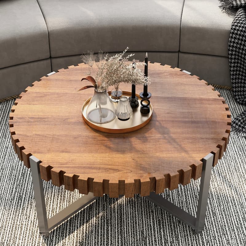 31.4"Circular Coffee Table, Modern Natural Wood Grain Handmade Drum Shaped Coffee Table, Wooden Felief Coffee Table