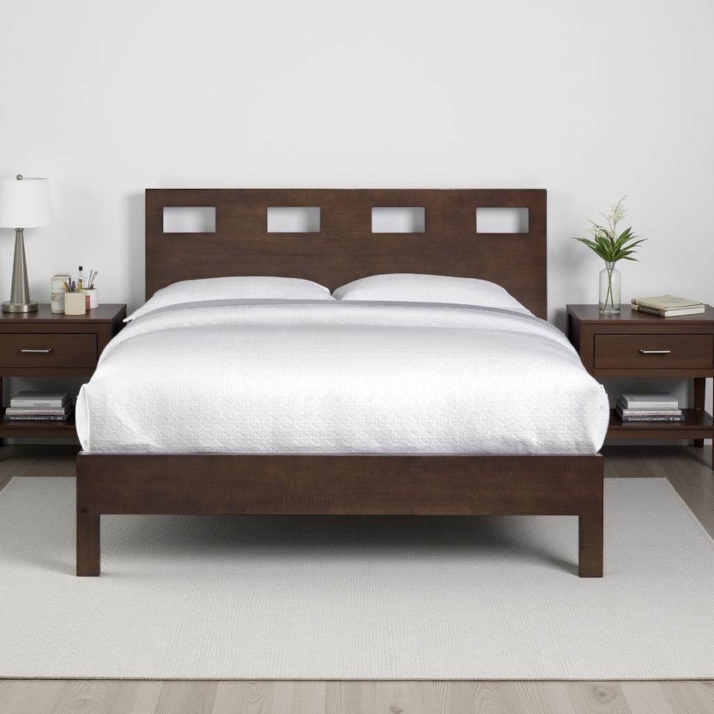Yee Mahogany Wood Platform Queen Bed, Panel Cut Out Design, Dark Brown