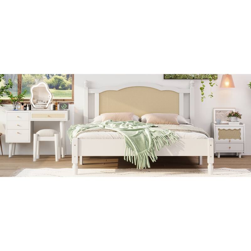 Wooden Platform Bed with Rattan Headboard Curved Wingback Bed Vintage Bed Frame Wood Slat Support Bed with Underbed Storage
