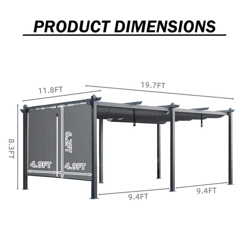 Aoodor 12' x 20' Outdoor Pergola with Retractable Shade Canopy & Aluminum Frame