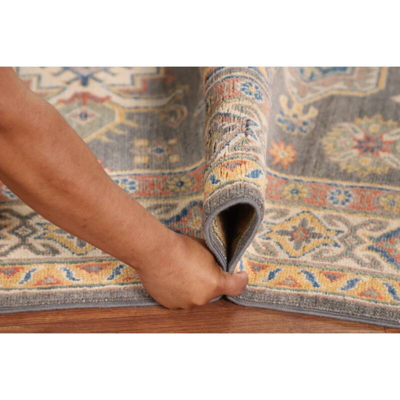 Gray Geometric Kazak Area Rug Handmade Wool Carpet - 4'0"x 5'11"