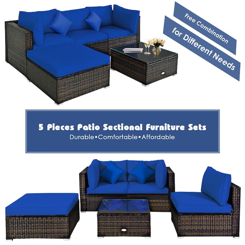 5 PCS Patio Rattan Furniture Set Outdoor Rattan Sofa and Table Set