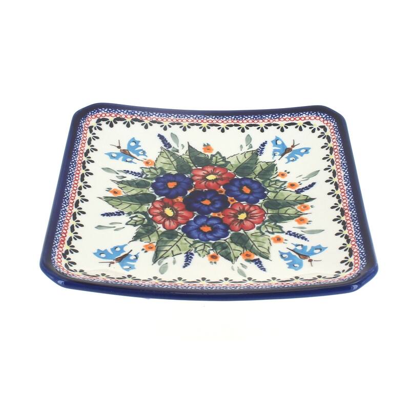 Blue Rose Polish Pottery 2040 Zaklady Square Dessert Plate - Floral Butterfly
