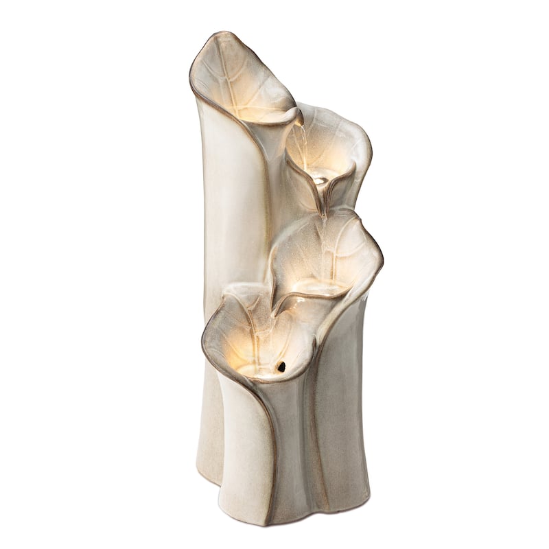 Glitzhome 31"H 4-Tiered Lotus Leaf Textured Ceramic Vase Outdoor Floor Fountain with LED