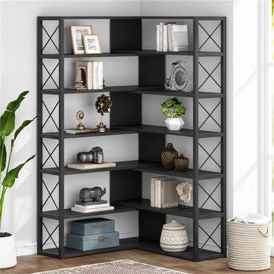 6-Tier Corner Bookshelves, Industrial Corner Etagere Bookcase, Open Storage Corner shelf