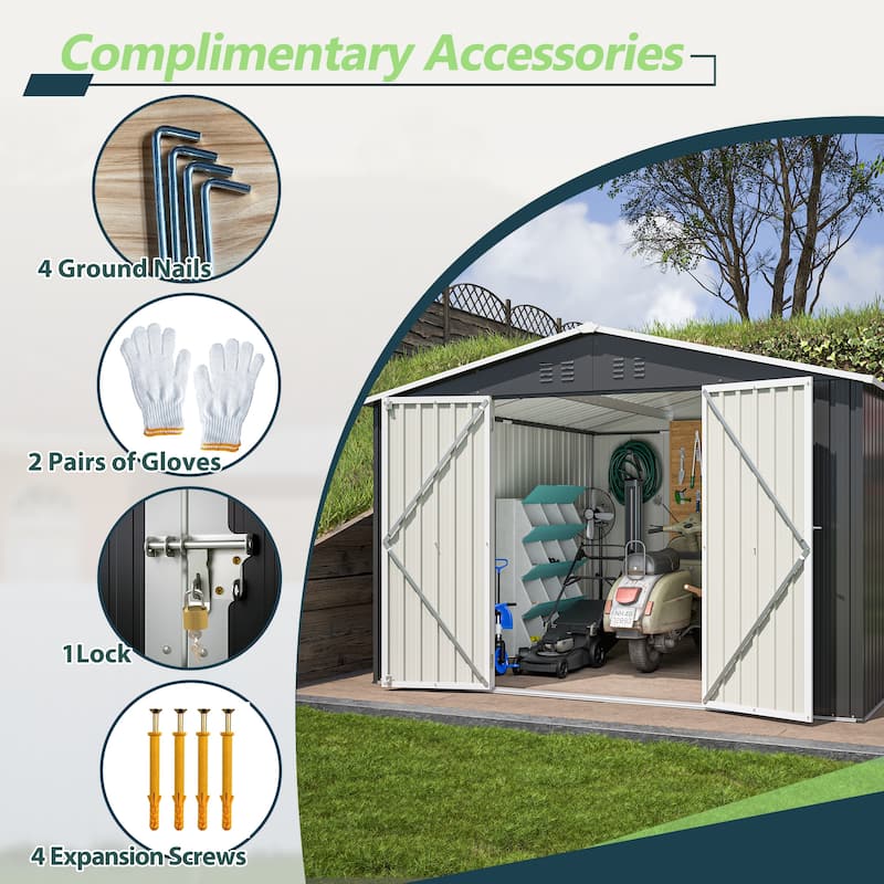 GDFStudio - Cassandra Large 10 x 10 FT Outdoor Metal Storage Shed with Lockable Doors