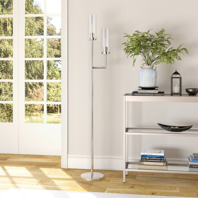 69" Tall Torchiere Floor Lamp with Clear Glass Drum Shades and 2-Light Metal Stand 8 Feet Cord - 69"H x 11"W x 11"D