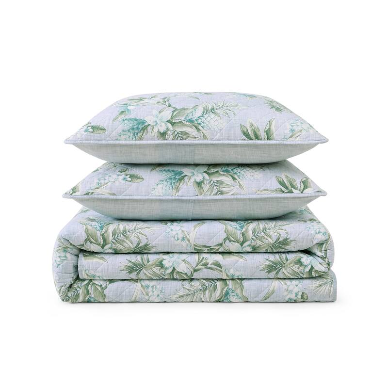 Tommy Bahama Floral Enchantment Blue Cotton Reversible Quilt Set