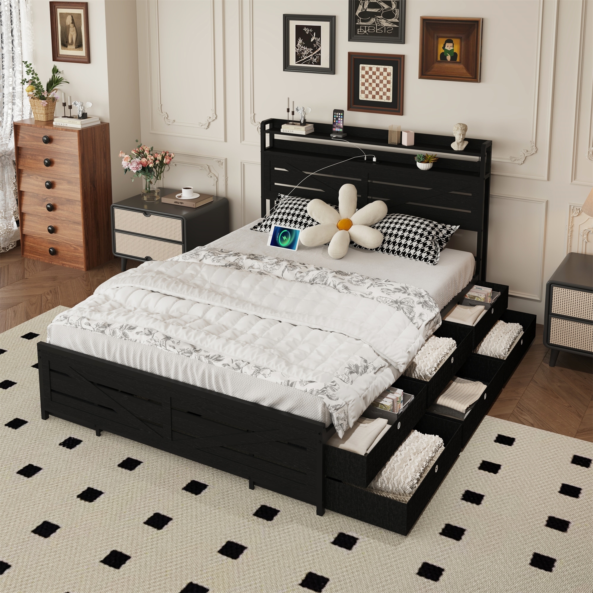 Full Size Bed Frame with Storage Headboard & 12 Drawers