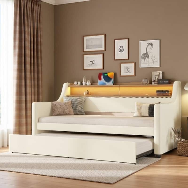Twin Size Daybed with Trundle, Nailhead Trim, Built-In USB Charging Ports, LED Lighting & Storage Headboard - White