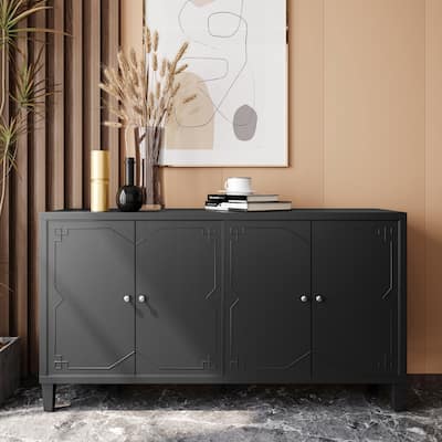 4-Door Wooden Accent Cabinet, Storage Sideboard Buffet for Living Room, Matte Black