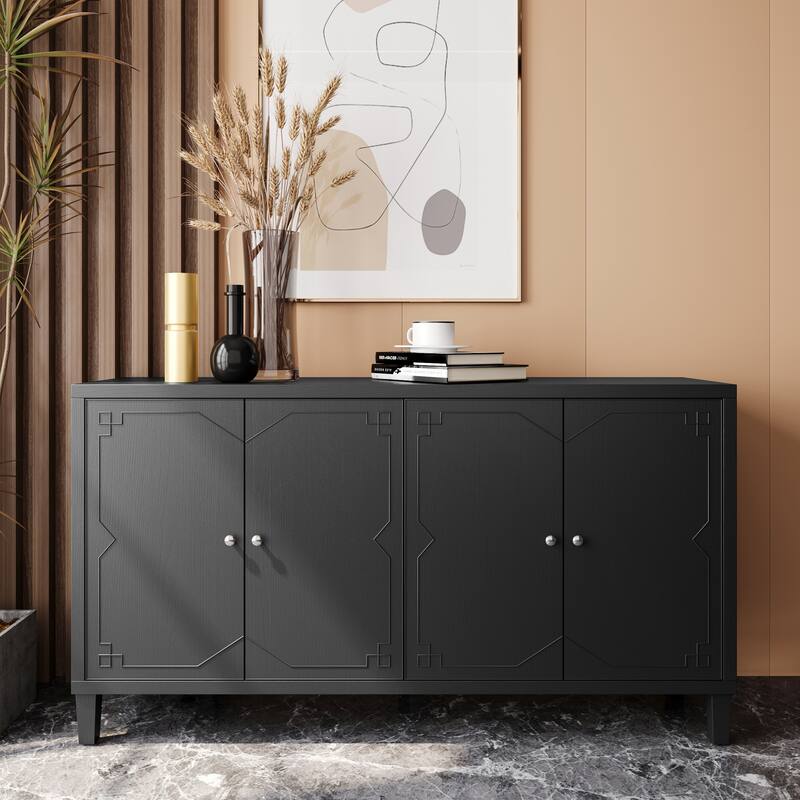 60-in Modern Matte Black 4 Door Wooden Sideboard Buffet Server Accent Storage Cabinet