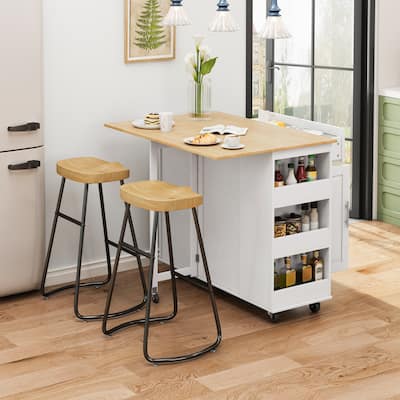 Rolling Kitchen Island on Wheels, Drop Leaf Kitchen Cart with Seating, Breakfast Bar Set with 2 Bar Stools and Wine Storage