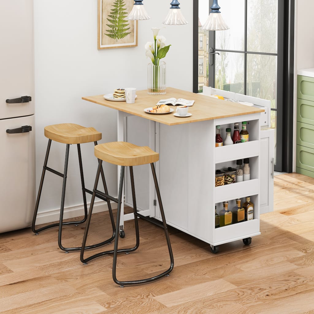 Rolling Kitchen Island on Wheels, Drop Leaf Kitchen Cart with Seating, Breakfast Bar Set with 2 Bar Stools and Wine Storage