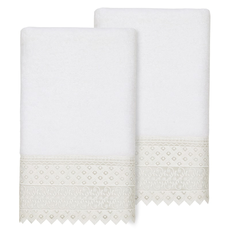 Authentic Hotel and Spa Turkish Cotton Aiden 2PC White Lace Embellished Bath Towel Set - White