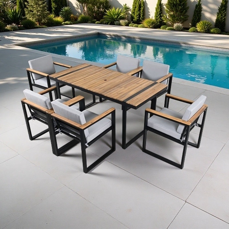 7-Piece Patio Dining Set with Acacia Wood Table and Cushioned Chairs, Umbrella Hole and Removable Waterproof Cushions