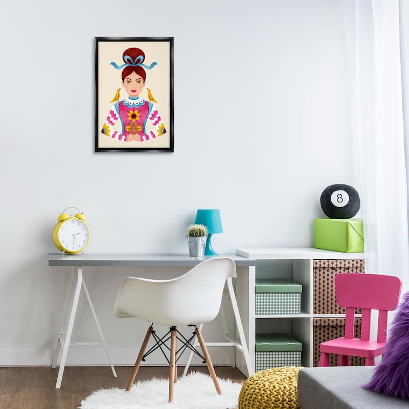 Stupell Brunette Girl with Birds Framed Floater Canvas Wall Art Design By Hannah Moren