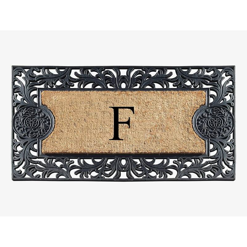 A1HC Floral Border Rubber and Coir Large Outdoor Durable Monogrammed Doormat, Black - 23" X 38"