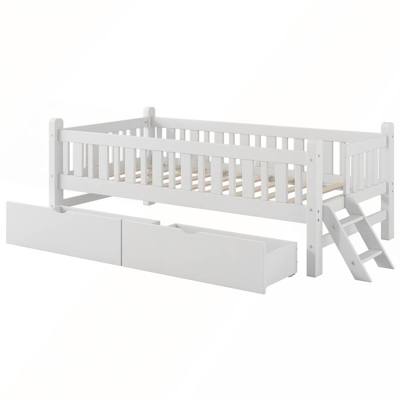 Wood Twin Size Platform Bed with Guardrail and 2 Drawers