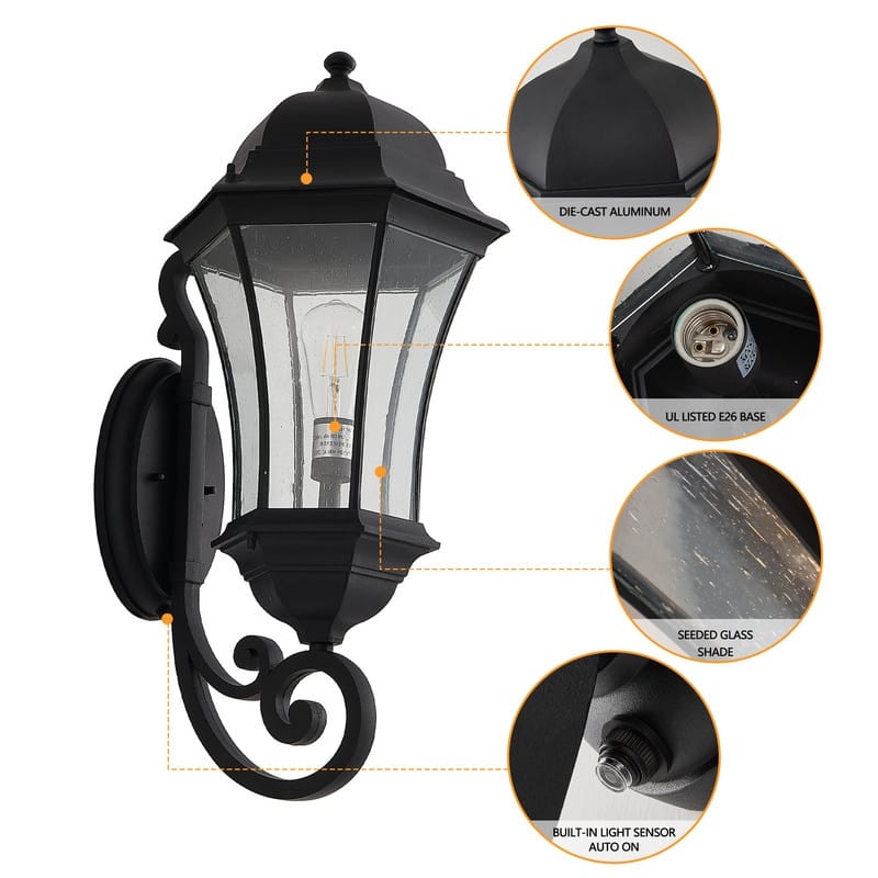 Auto-Sensing Outdoor Wall Lantern–Single Black Weatherproof Sconce with Bubble Glass (Dusk-to-Dawn Sensor, Bulb Not Included)‌