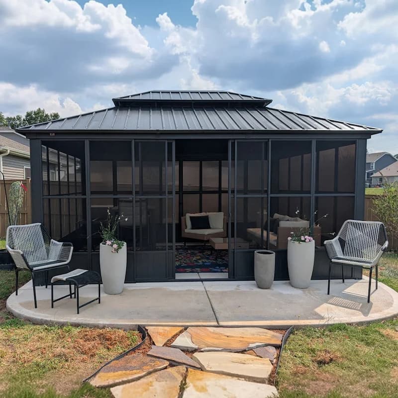 PURPLE LEAF Double Top Sunroom Outdoor Grey All-Weather Screen House Patio Hardtop Gazebo