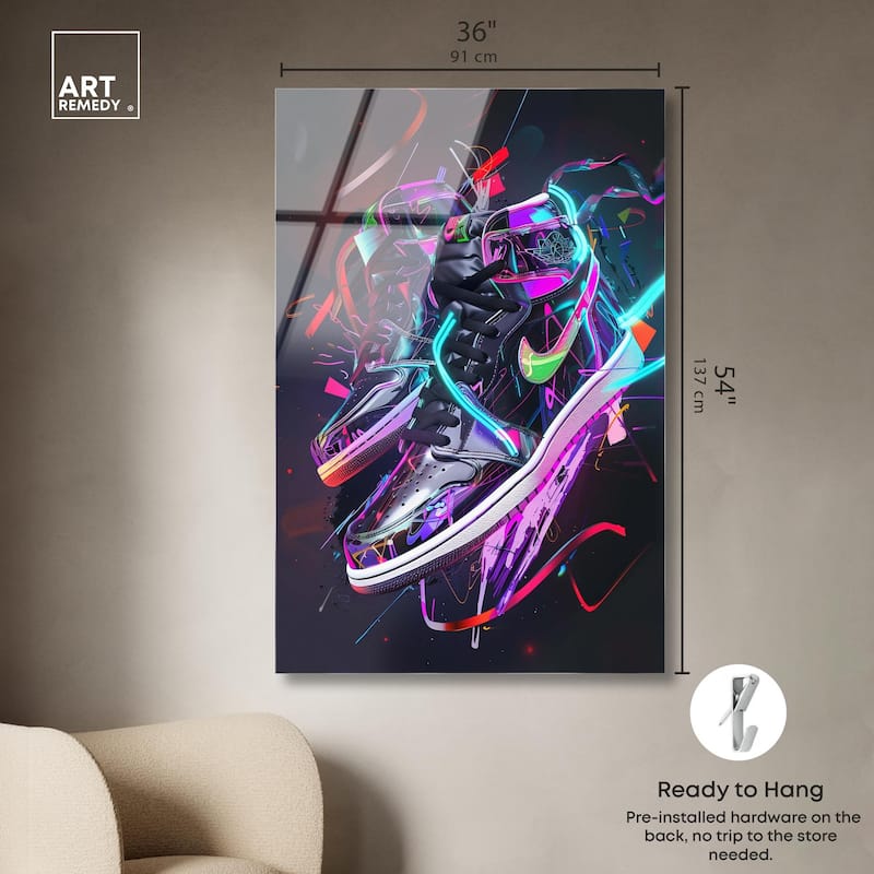 Neon Ribbons Sneakers Acrylic by Art Remedy, Ready to Hang