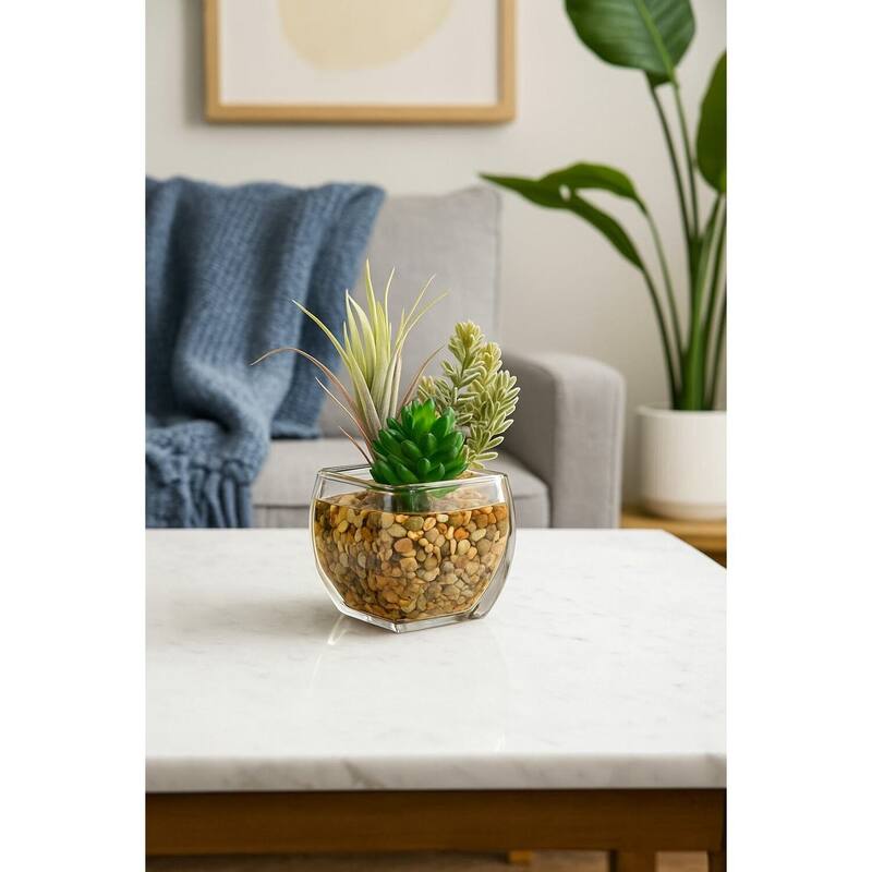 HomeStock Succulent and Flocked Burro Tail in Glass Cube - Textured Faux Plant for Contemporary Flair - 6