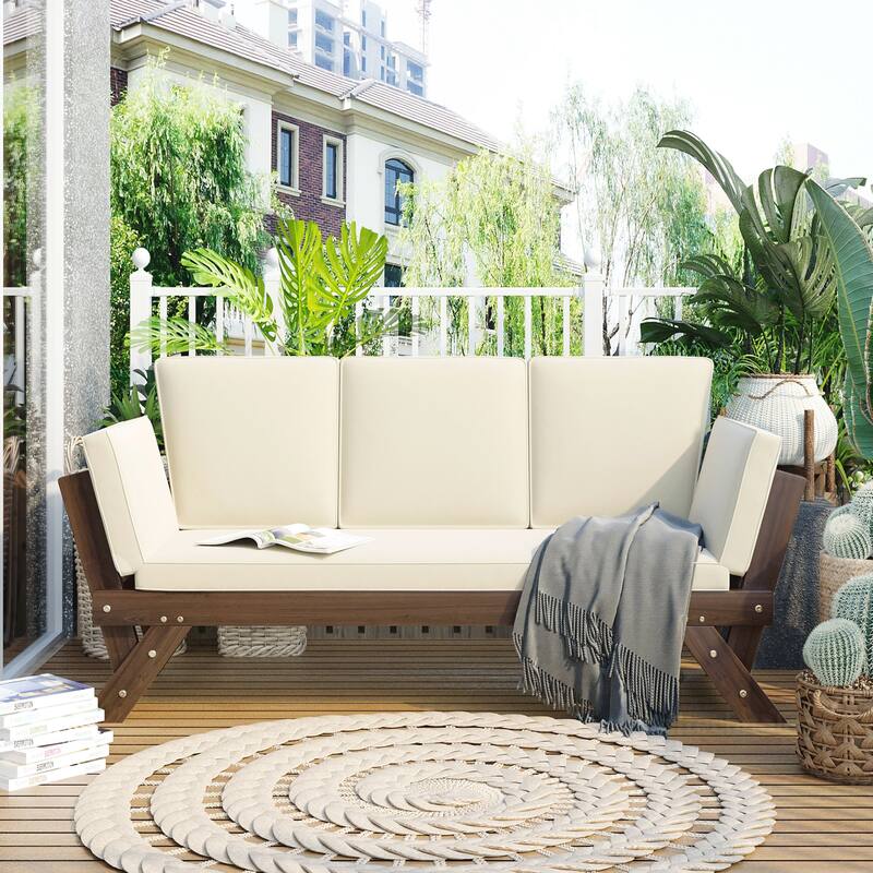 Patio Adjustable Patio Wooden Daybed Sofa - Beige