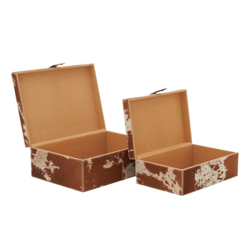Brown Leather Handmade Box with Hinged Lid (Set of 2) - S/2 14", 17"W