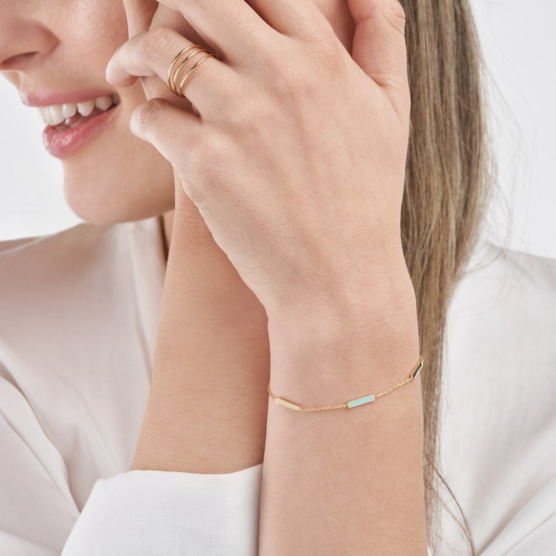 Curata 14k Yellow Gold 7.25" Light Blue enamel Alternating Bar Station Bracelet