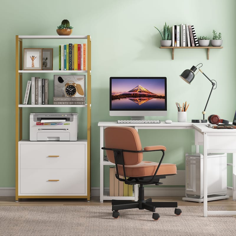 4-Tier White Bookshelf with 2 Drawers, Etagere Standard Book Shelves Display Shelf for Home Office - 60”H x 23.6”L x 15.7”W
