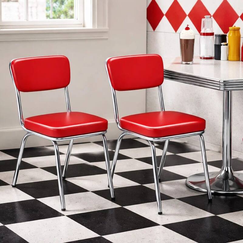 Dining Side Chair Set of 2, Retro Red Faux Leather, Chrome Metal Legs