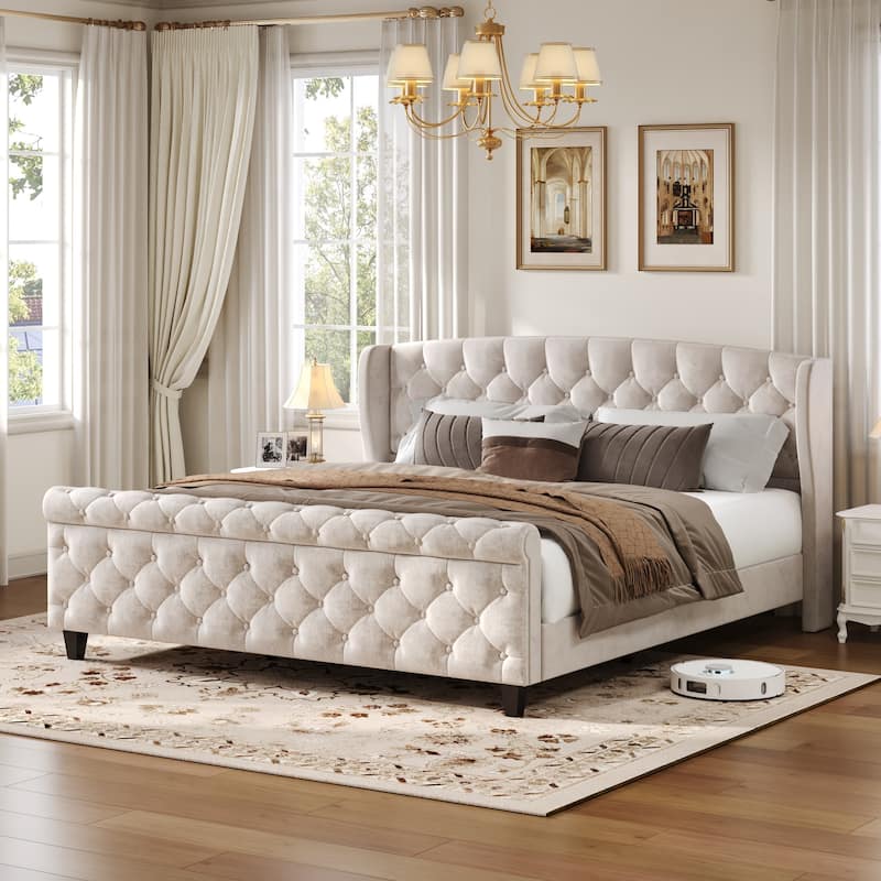 Christopher Knight Home - Amara Traditional Velvet Upholstered Sleigh Bed with Wingback Headboard & Scroll Footboard, King Size - Beige