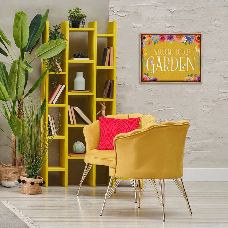Stupell Garden Welcome with Floral Border Framed Floater Canvas Wall Art Design By Nicole DeCamp