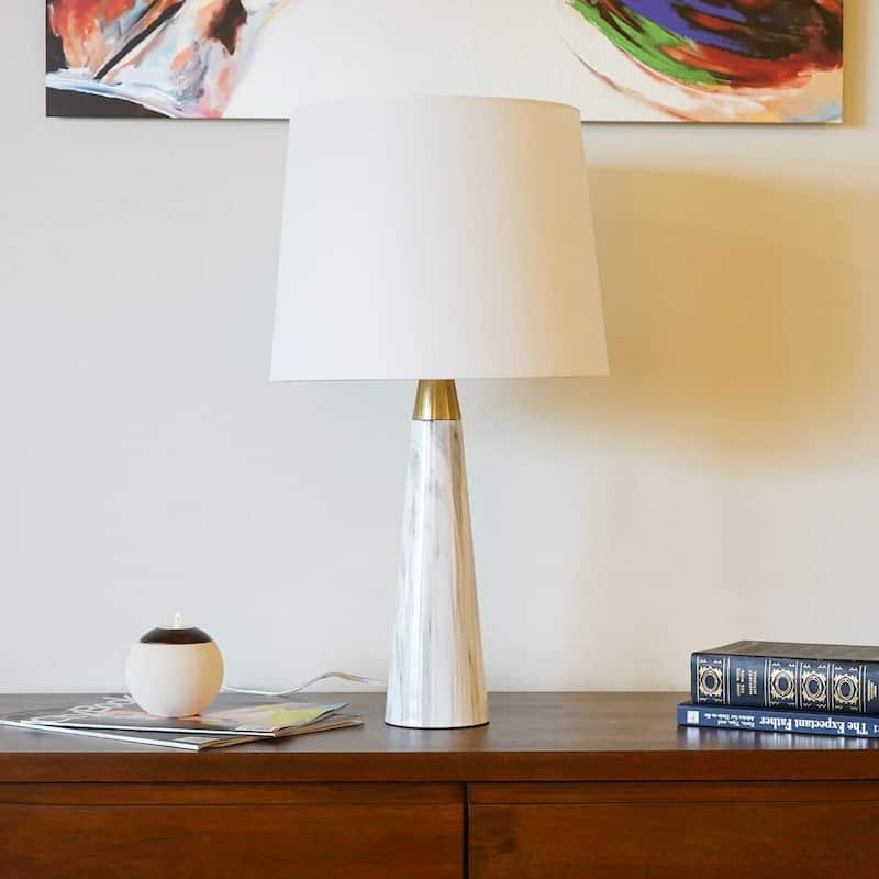 Enclave Hydro White Table Lamp with On/Off Switch Faux Marble Base Fabric Shade