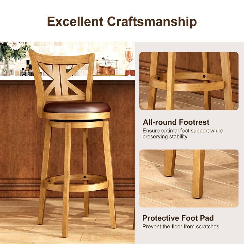26"/30" Counter Height Bar Stools, Kitchen Wooden Swivel Bar Chairs with Back