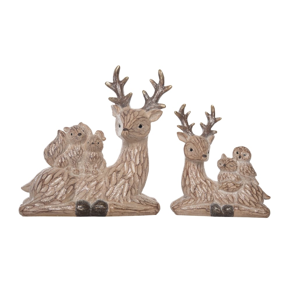 Transpac Resin 11 in. Brown Christmas Laying Woodland Texture Deer Figurine Set of 2