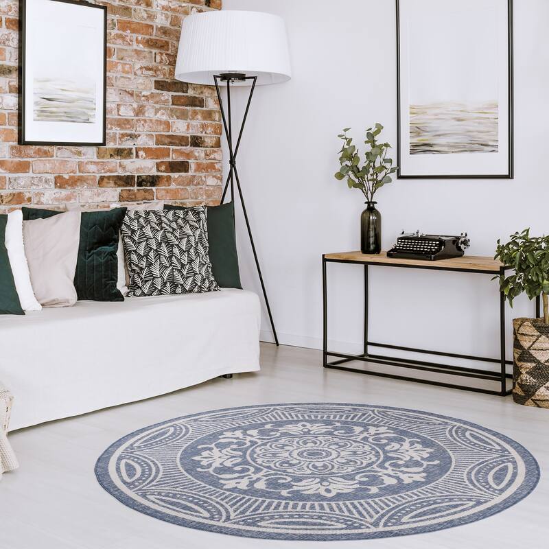 Beverly Rug Blue Medallion Indoor Outdoor Rug, Outside Carpet for Patio, Deck, Porch