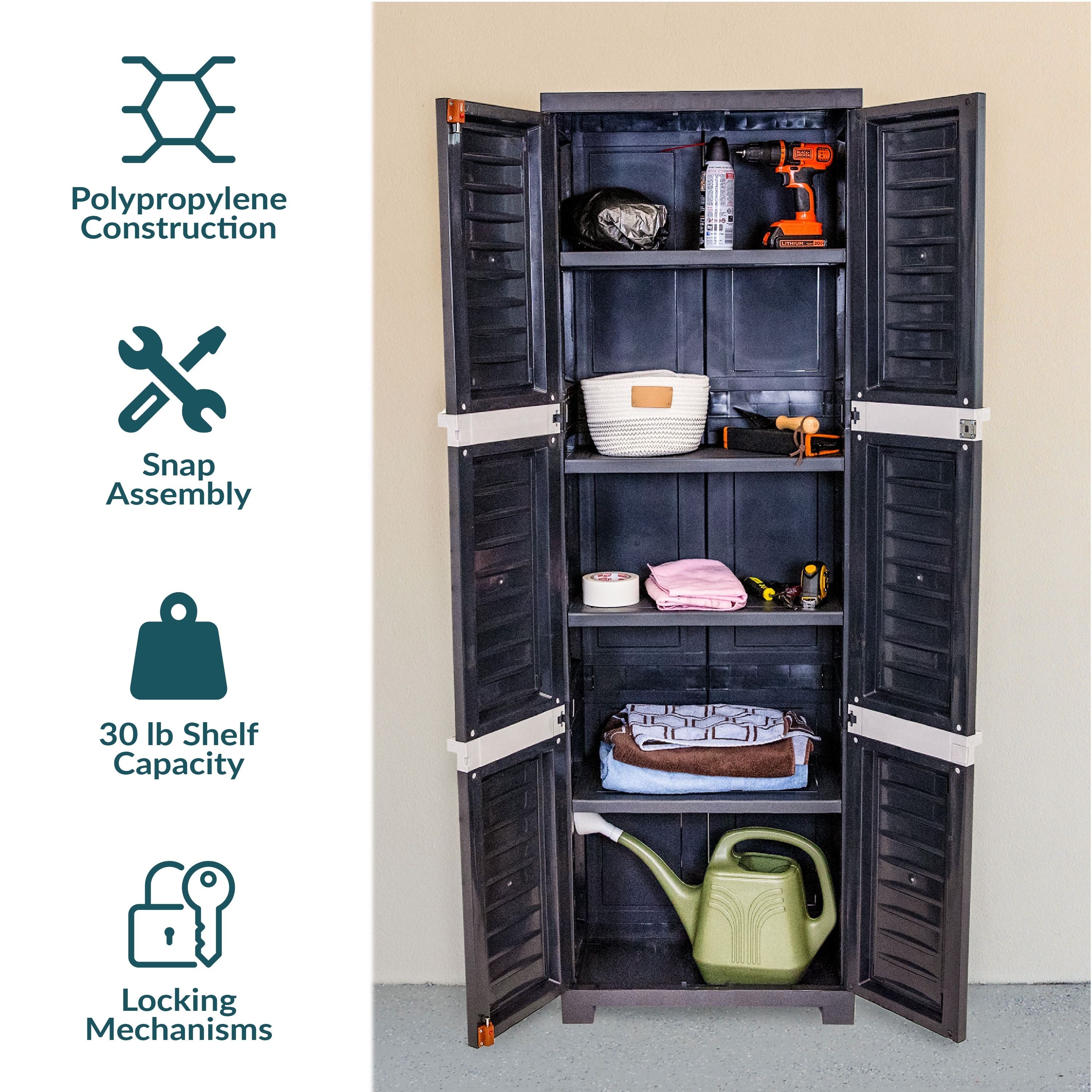 Sunnydaze Plastic Lockable Storage Cabinet With 3 Adjustable Shelves Gray With Charcoal Trim 48 75