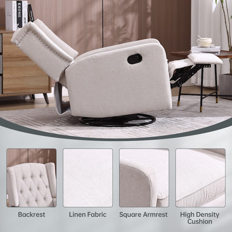 Beige Linen 360° Swivel Glider Rocker Manual Recliner with Button-tufted Backrest and Footrest for Living Room, Bedroom