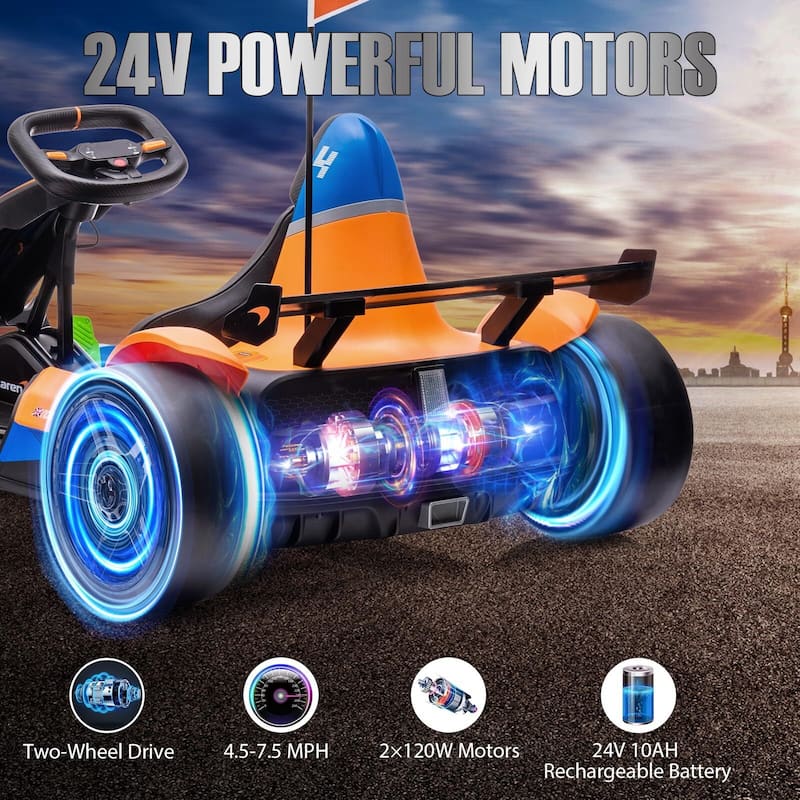 24V Electric Go Kart for Kids, Licensed McLaren Go Carts for Kids w/Drift Race Pedal