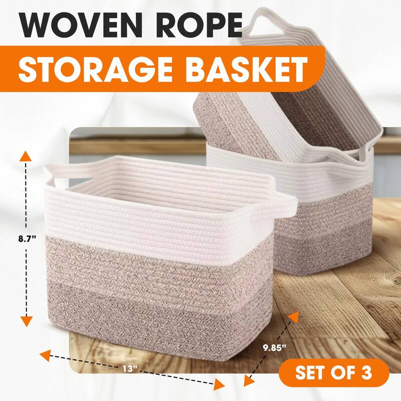 Cheer Collection 3 Piece Cotton Rope Storage Basket Set for Home Organization
