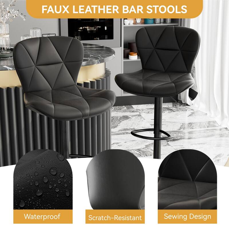 Modern Bar Stools Set of 2, Adjustable Faux Leather Upholstered Swivel Bar Stools, Counter Height Bar Chairs
