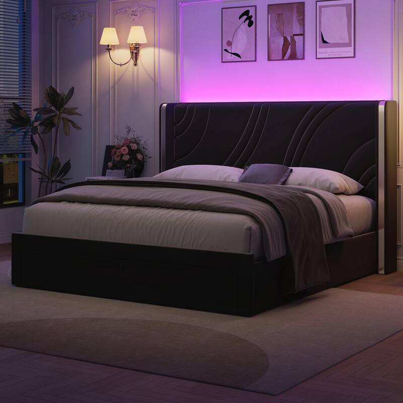 Queen Size Modern Upholstered LED Bed Frame