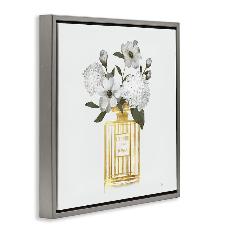 Stupell Gold Bottle with Flowers Framed Floater Canvas Wall Art Design By Nan