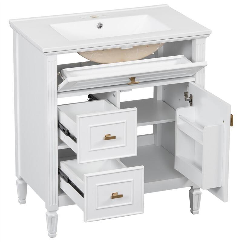 30" Bathroom Vanity with Ceramic Sink Combo, Bathroom Vanity Cabinet with 1 Flip Drawer, 2 Drawers & Adjustable Shelf