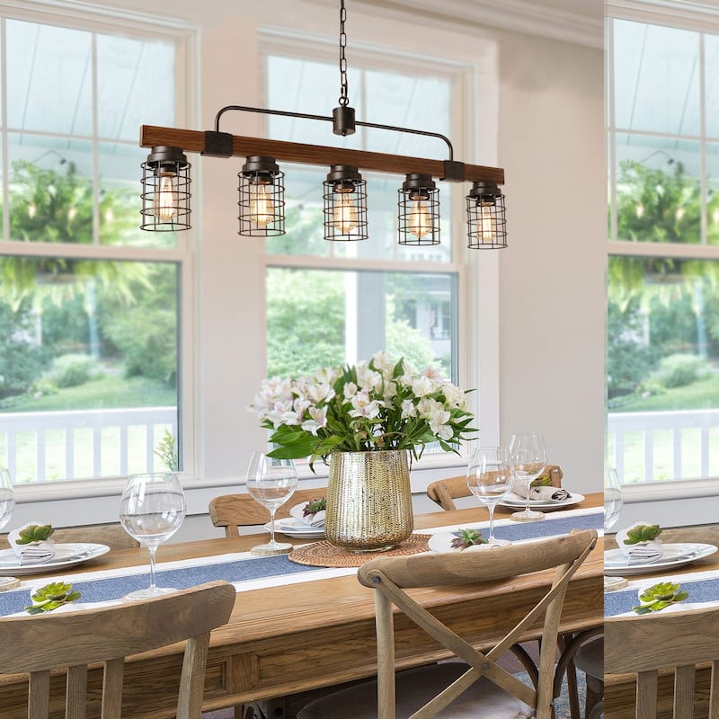 Modern Farmhouse 5-Light Linear Chandeliers Metal Pendant Light for Kitchen Island
