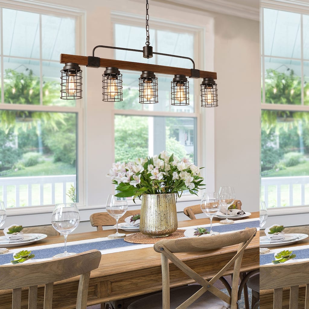 Modern Farmhouse 5-Light Linear Chandeliers Metal Pendant Light for Kitchen Island